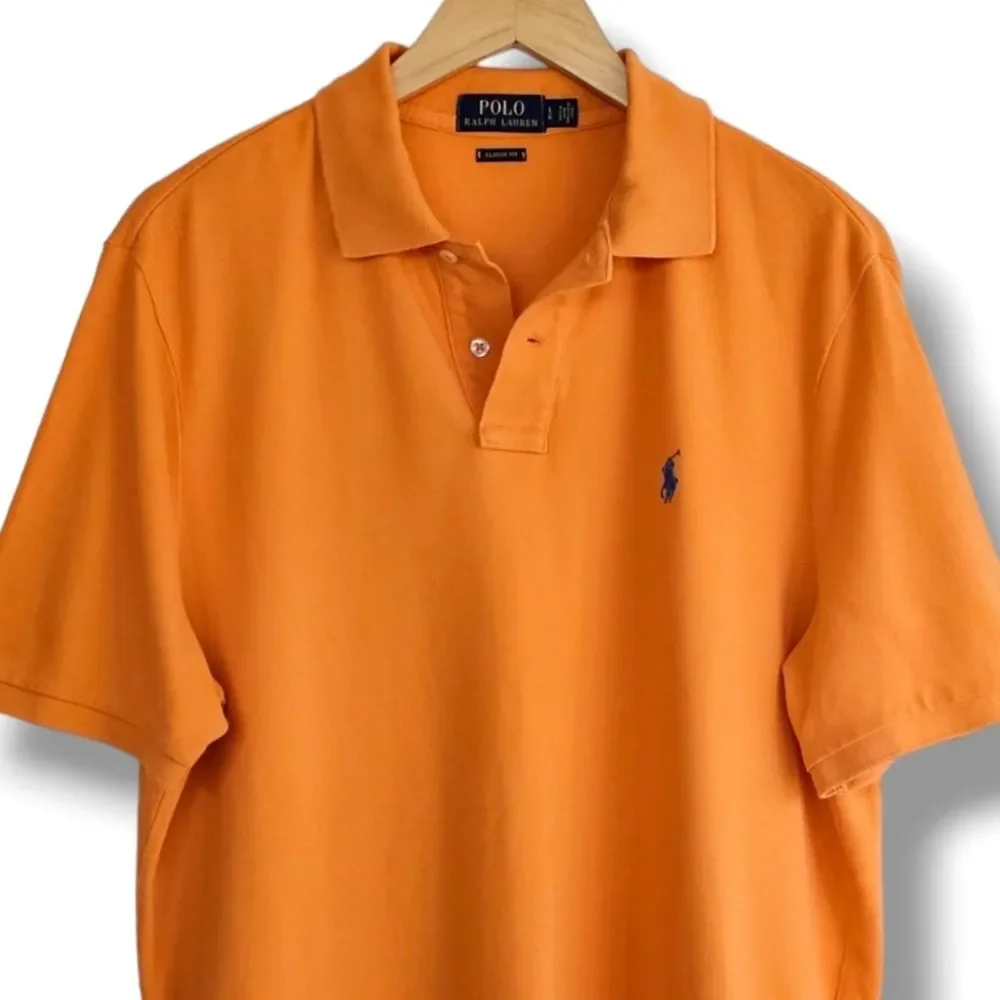 Ralph Lauren Polo Shirt Mens Size‎ L Short Sleeve Orange Navy Blue Pony Preppy
